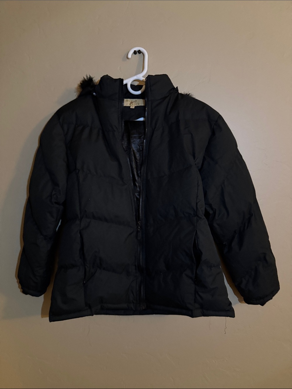 Kids Black Puffy Jacket with Faux Fur-Trimmed Hood